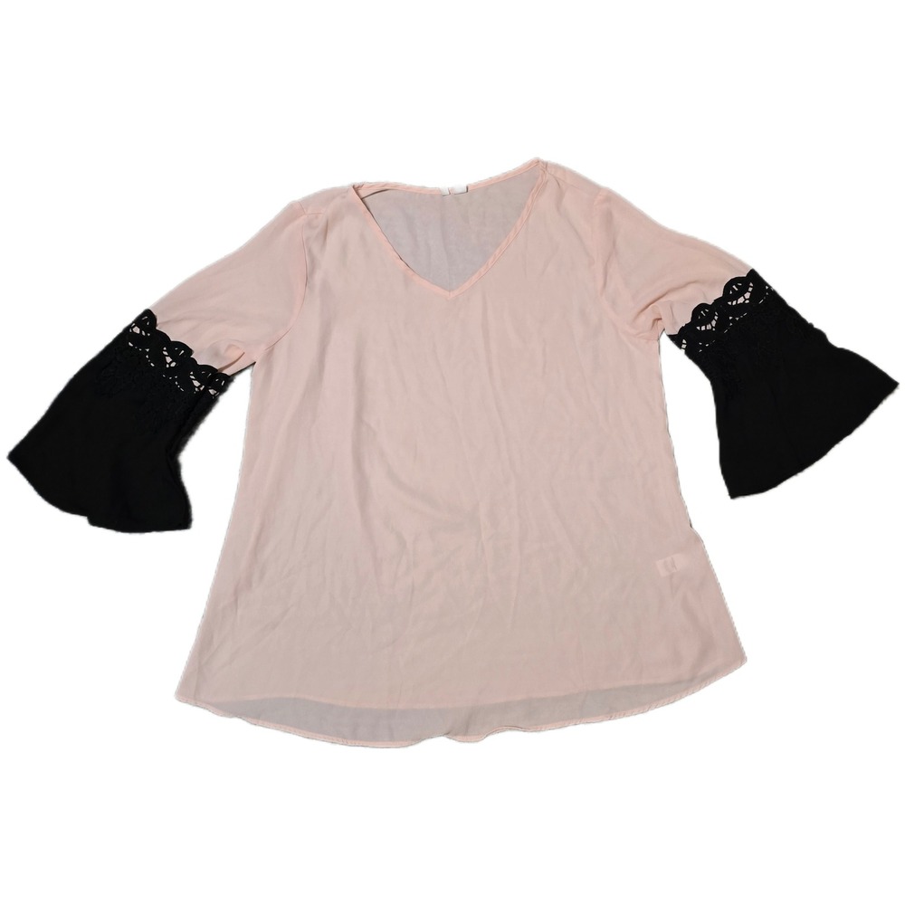 Pink Bell Sleeve Top with Black Lace Details, flowy, girlie,‎ princess MD (H)